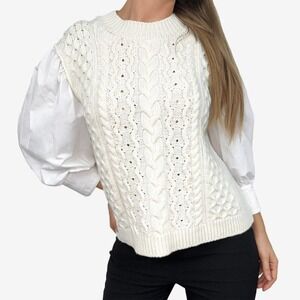Something Navy Caitlin Sweater Size S Cream White Merino Wool Blend Knit Preppy